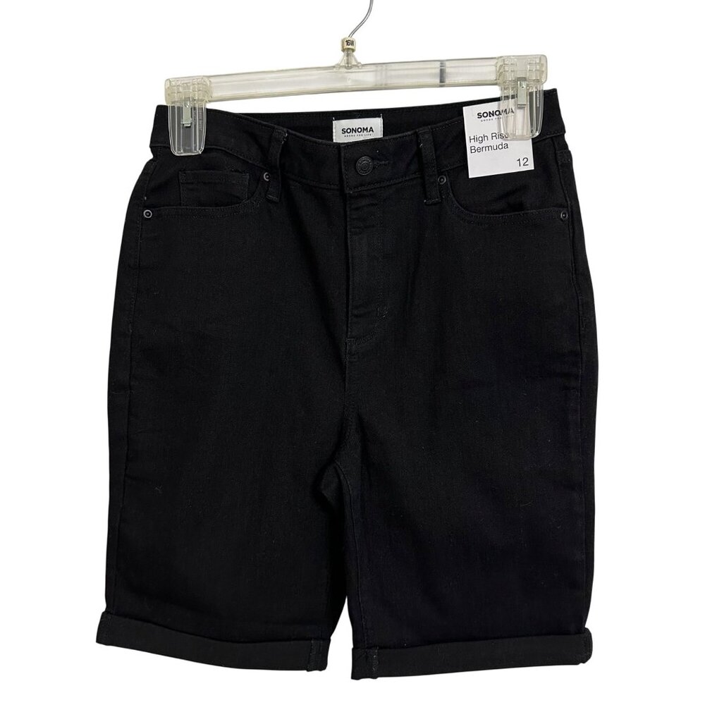 Sonoma Womens High Rise Black Denim Bermuda Shorts Size 12 Cotton Blend